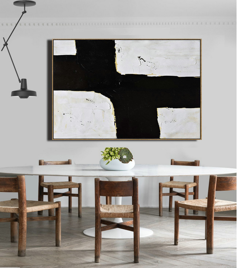 Large Wall Canvas,Horizontal Palette Knife Minimal Canvas Art Painting Black White Beige - Original Abstract Painting Canvas Art